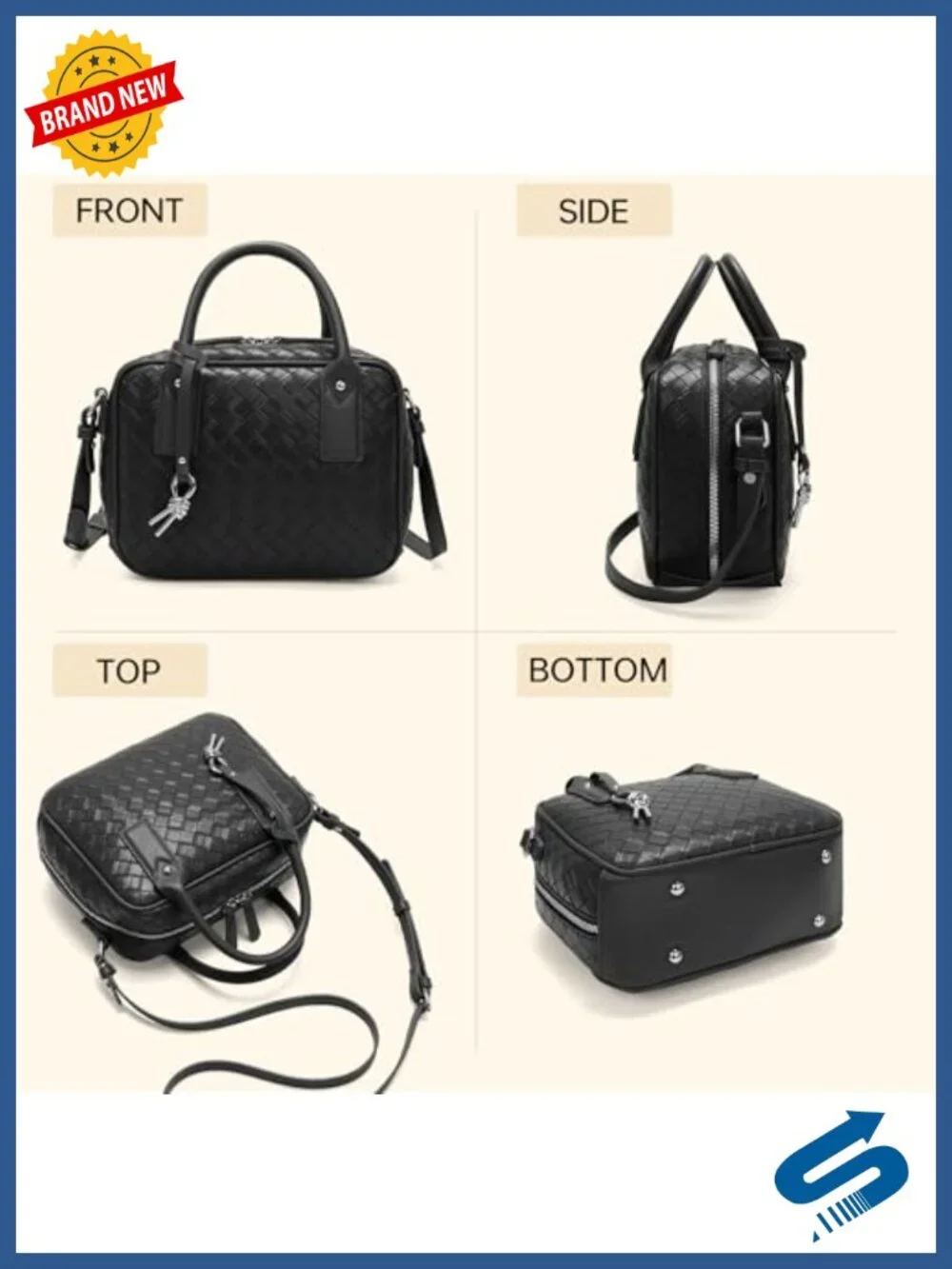 Handmade Woven Top Handle Crossbody Bag Faux Leather Satchel